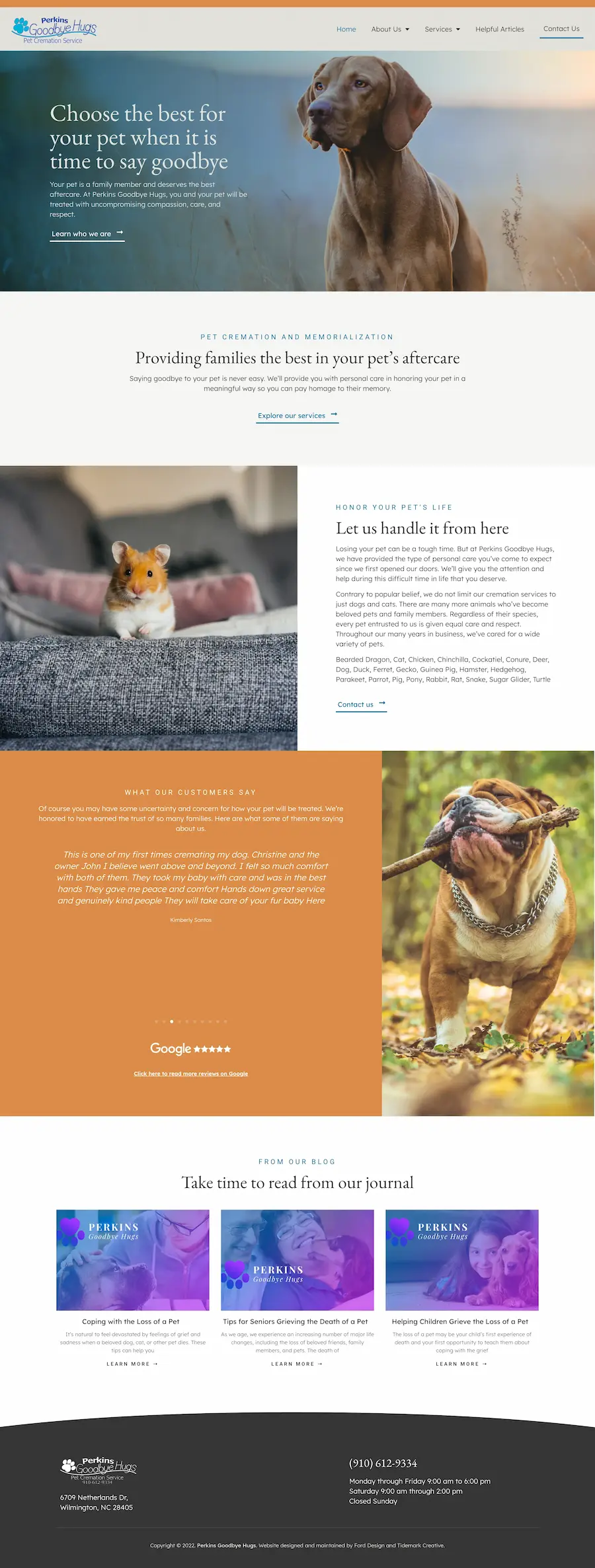 Perkins Goodbye Hugs pet cremation website design Wilmington NC